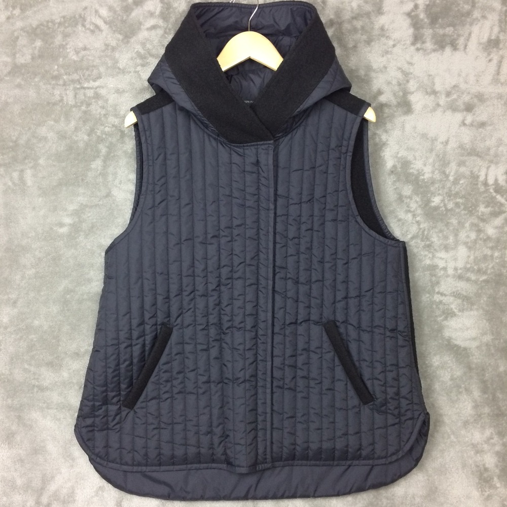 Eileen Fisher Vest Womens XL Black Merino Wool Back Hooded Full Zip Pockets Knit